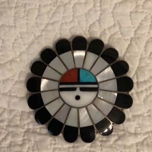 Native American Zuni Sun Face Broach/ Pendant Onyx Mother of Pearl Turquoise